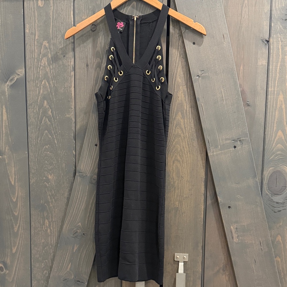 Bebe Black Dress with Gold Accents